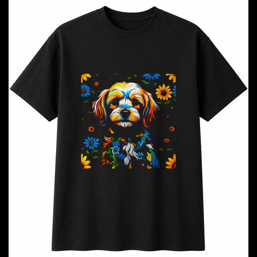 Neon cavachon with flowers - cavachon, dog